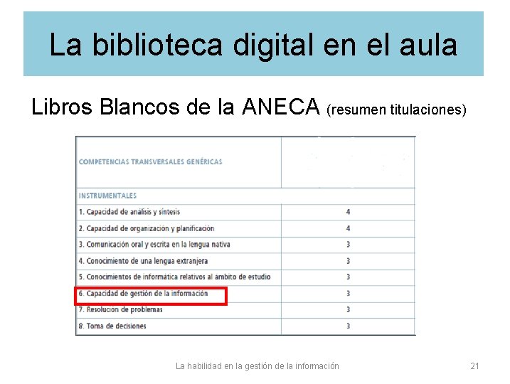 La biblioteca digital en el aula Libros Blancos de la ANECA (resumen titulaciones) La