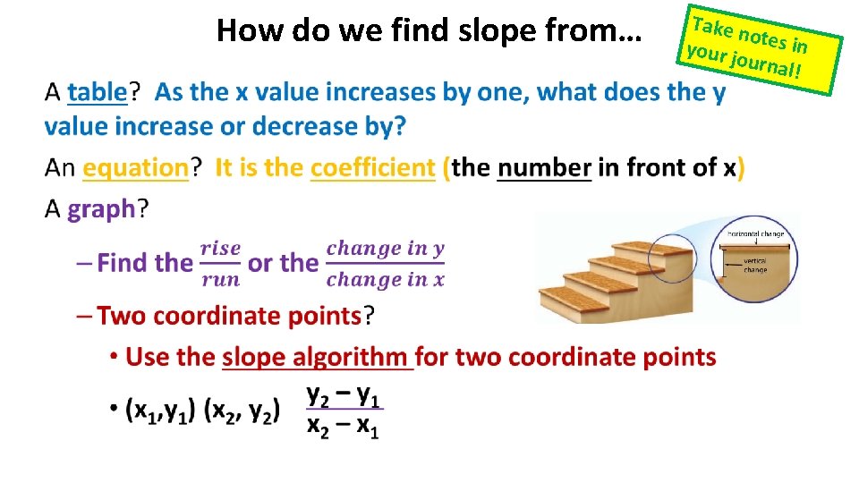 How do we find slope from… • Take n otes in your jo urnal!