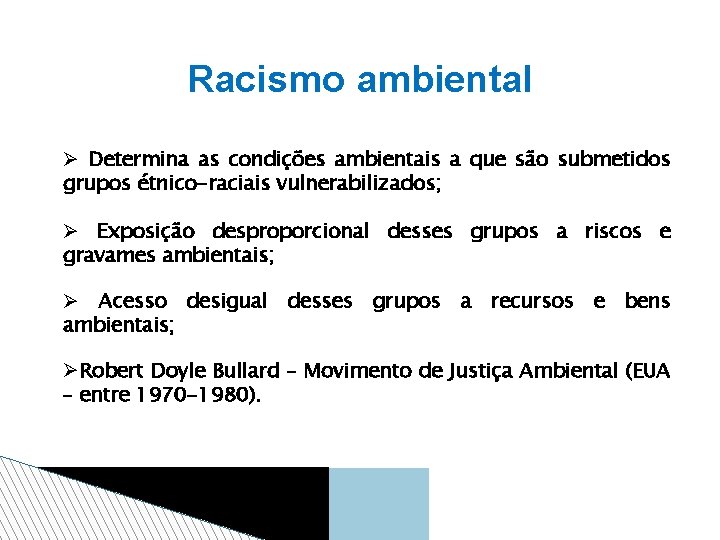 Racismo ambiental Determina as condições ambientais a que são submetidos grupos étnico-raciais vulnerabilizados; Exposição