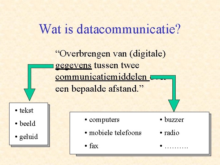 Wat is datacommunicatie? “Overbrengen van (digitale) gegevens tussen twee communicatiemiddelen over een bepaalde afstand.