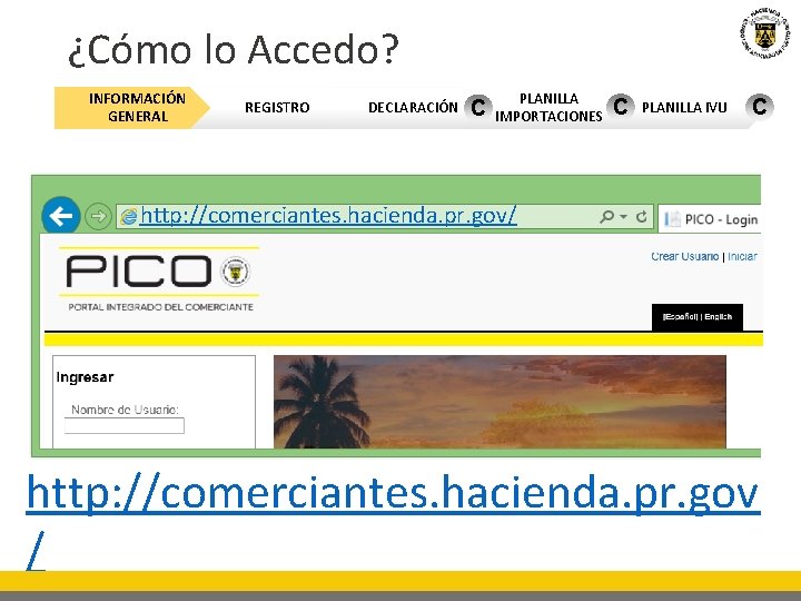 ¿Cómo lo Accedo? INFORMACIÓN GENERAL REGISTRO DECLARACIÓN C PLANILLA IMPORTACIONES C PLANILLA IVU C