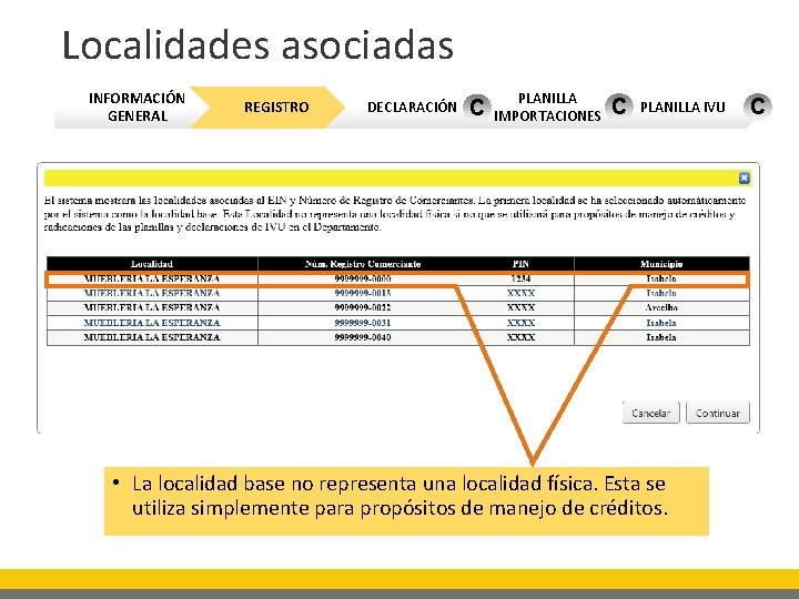 Localidades asociadas INFORMACIÓN GENERAL REGISTRO DECLARACIÓN C PLANILLA IMPORTACIONES C PLANILLA IVU • La