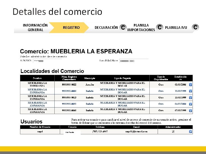 Detalles del comercio INFORMACIÓN GENERAL REGISTRO Del Pueblo DECLARACIÓN C PLANILLA IMPORTACIONES C PLANILLA