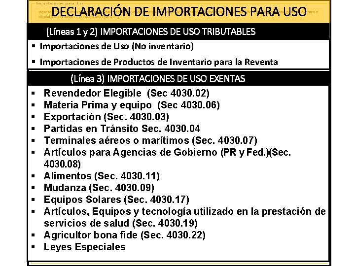 DECLARACIÓN DE IMPORTACIONES PARA USO (Líneas 1 y 2) IMPORTACIONES DE USO TRIBUTABLES §