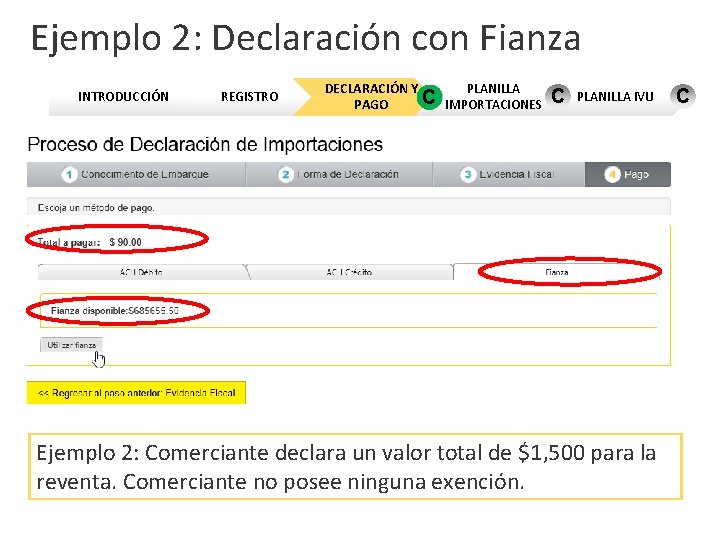 Ejemplo 2: Declaración con Fianza INTRODUCCIÓN REGISTRO DECLARACIÓN Y PLANILLA C PAGO IMPORTACIONES C