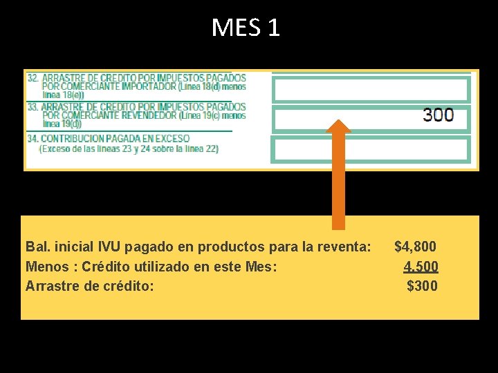 MES 1 Bal. inicial IVU pagado en productos para la reventa: Menos : Crédito