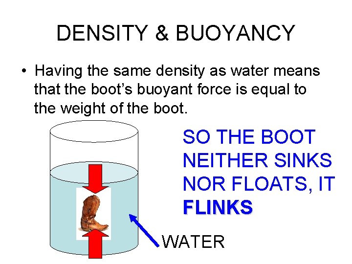 DENSITY & BUOYANCY • Having the same density as water means that the boot’s