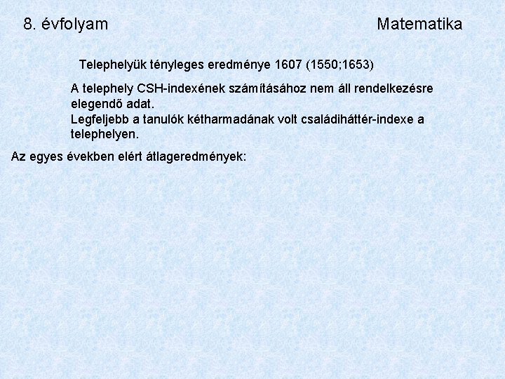 8. évfolyam Matematika Telephelyük tényleges eredménye 1607 (1550; 1653) A telephely CSH-indexének számításához nem