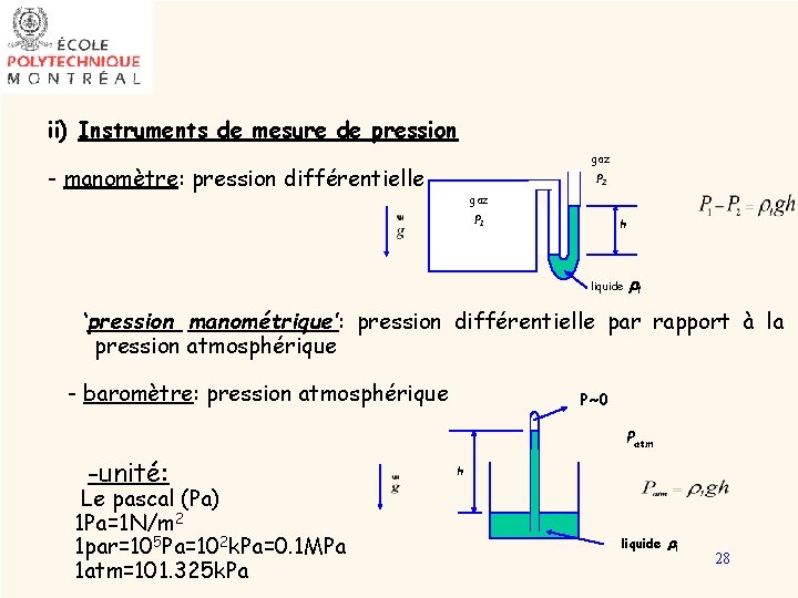 ii) Instruments de mesure de pression gaz - manomètre: pression différentielle P 2 gaz