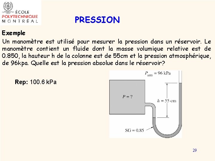 PRESSION Exemple Un manomètre est utilisé pour mesurer la pression dans un réservoir. Le