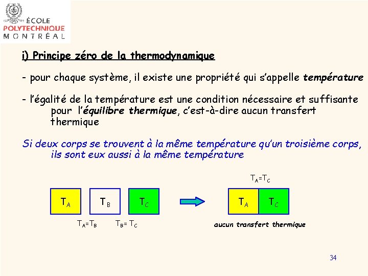 i) Principe zéro de la thermodynamique - pour chaque système, il existe une propriété