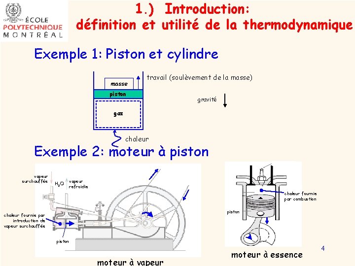 1. ) Introduction: définition et utilité de la thermodynamique Exemple 1: Piston et cylindre
