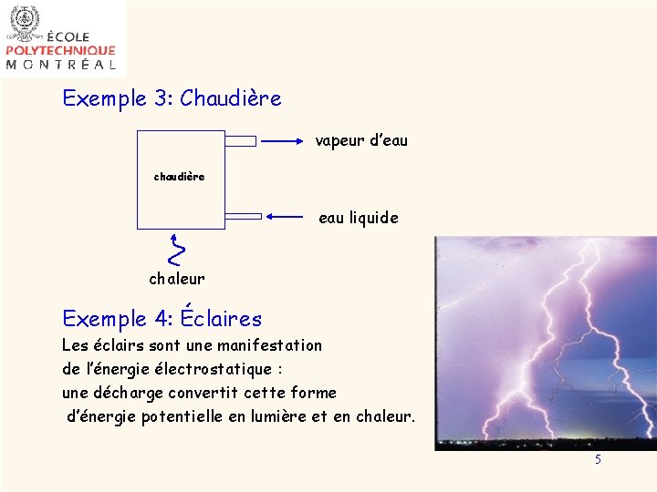 Exemple 3: Chaudière vapeur d’eau chaudière eau liquide chaleur Exemple 4: Éclaires Les éclairs