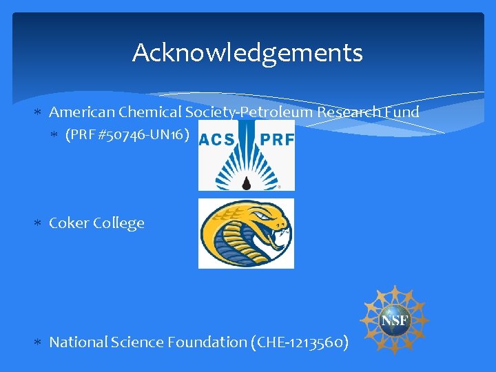 Acknowledgements American Chemical Society-Petroleum Research Fund (PRF #50746 -UN 16) Coker College National Science