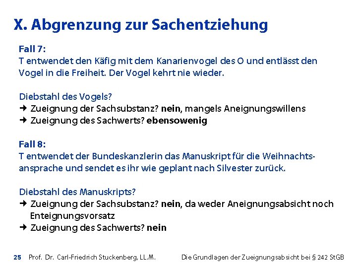 X. Abgrenzung zur Sachentziehung Fall 7: T entwendet den Käfig mit dem Kanarienvogel des