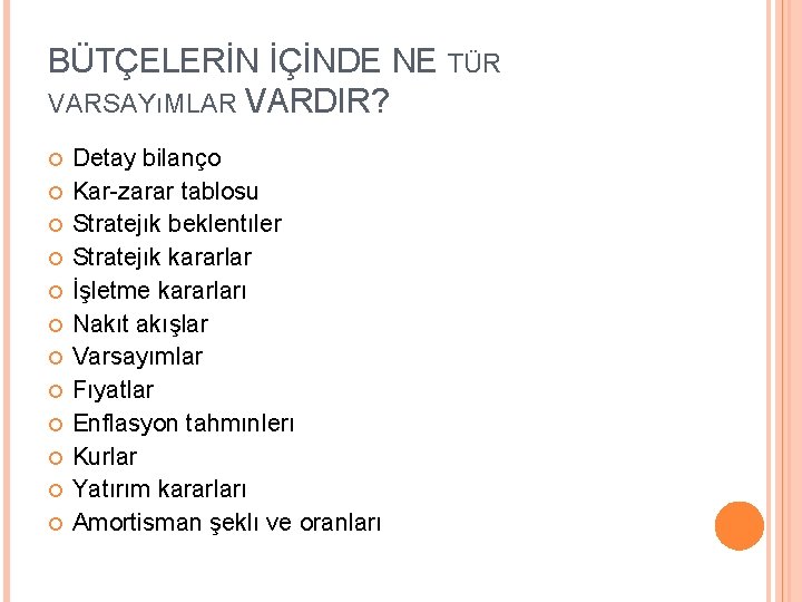 BÜTÇELERİN İÇİNDE NE TÜR VARSAYıMLAR VARDIR? Detay bilanço Kar-zarar tablosu Stratejık beklentıler Stratejık kararlar