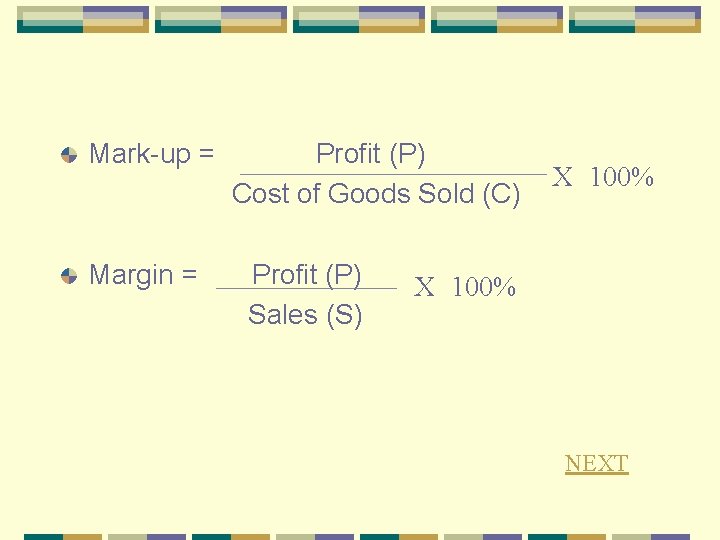 Mark-up = Margin = Profit (P) Cost of Goods Sold (C) Profit (P) Sales