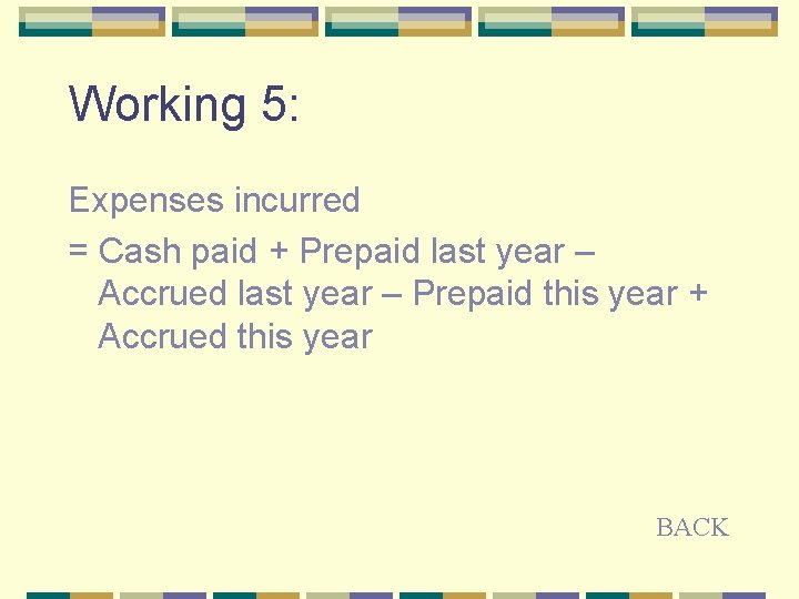 Working 5: Expenses incurred = Cash paid + Prepaid last year – Accrued last