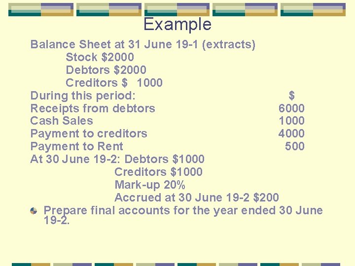 Example Balance Sheet at 31 June 19 -1 (extracts) Stock $2000 Debtors $2000 Creditors