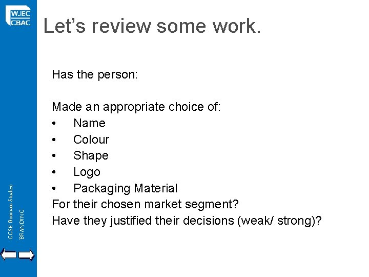 Let’s review some work. GCSE Business Studies BRANDING Has the person: Made an appropriate