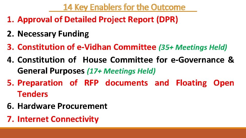 14 Key Enablers for the Outcome 1. Approval of Detailed Project Report (DPR) 2.