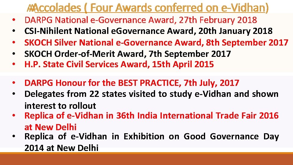  • • • Accolades ( Four Awards conferred on e-Vidhan) DARPG National e-Governance