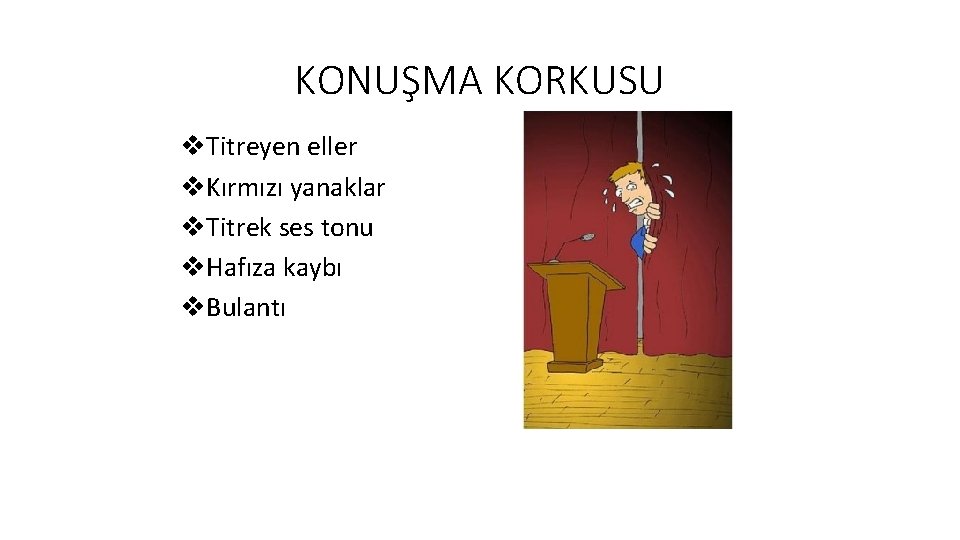 KONUŞMA KORKUSU v. Titreyen eller v. Kırmızı yanaklar v. Titrek ses tonu v. Hafıza