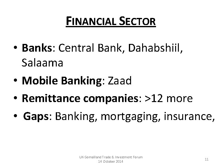 FINANCIAL SECTOR • Banks: Central Bank, Dahabshiil, Salaama • Mobile Banking: Zaad • Remittance