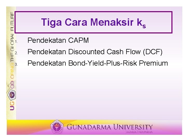 Tiga Cara Menaksir ks 1. Pendekatan CAPM 2. Pendekatan Discounted Cash Flow (DCF) 3.