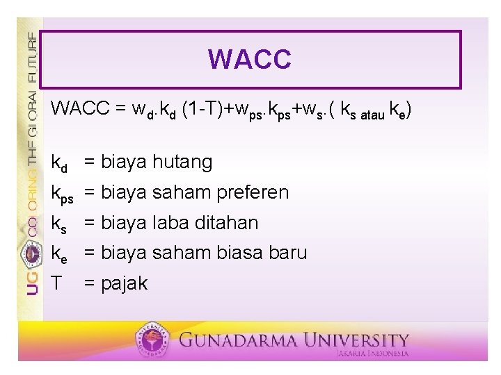 WACC = wd. kd (1 -T)+wps. kps+ws. ( ks atau ke) kd = biaya