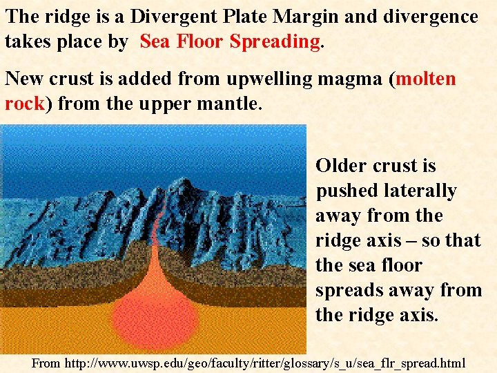 The ridge is a Divergent Plate Margin and divergence takes place by Sea Floor