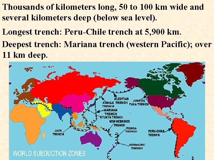 Thousands of kilometers long, 50 to 100 km wide and several kilometers deep (below