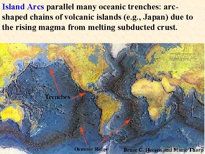 Island Arcs parallel many oceanic trenches: arcshaped chains of volcanic islands (e. g. ,