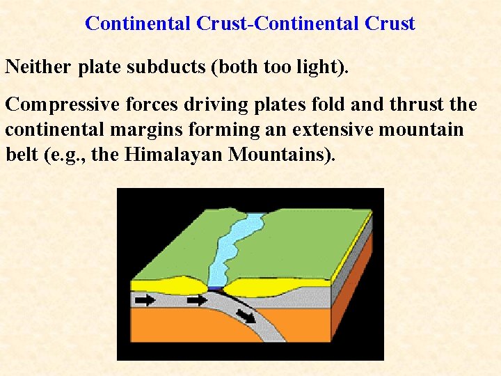 Continental Crust-Continental Crust Neither plate subducts (both too light). Compressive forces driving plates fold