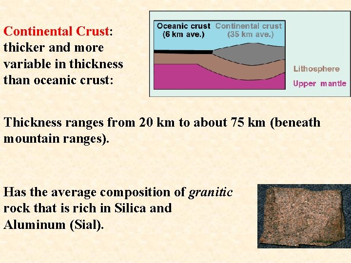 Continental Crust: thicker and more variable in thickness than oceanic crust: Thickness ranges from