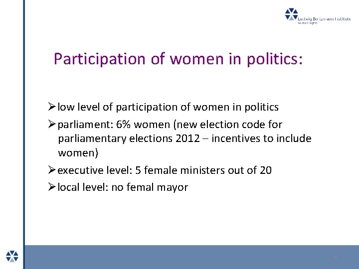 Participation of women in politics: Ølow level of participation of women in politics Øparliament: