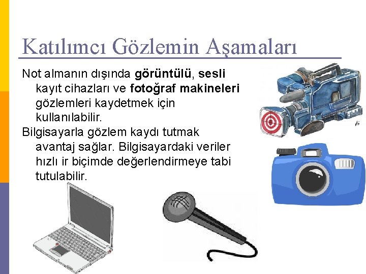 Katılımcı Gözlemin Aşamaları Not almanın dışında görüntülü, sesli kayıt cihazları ve fotoğraf makineleri gözlemleri