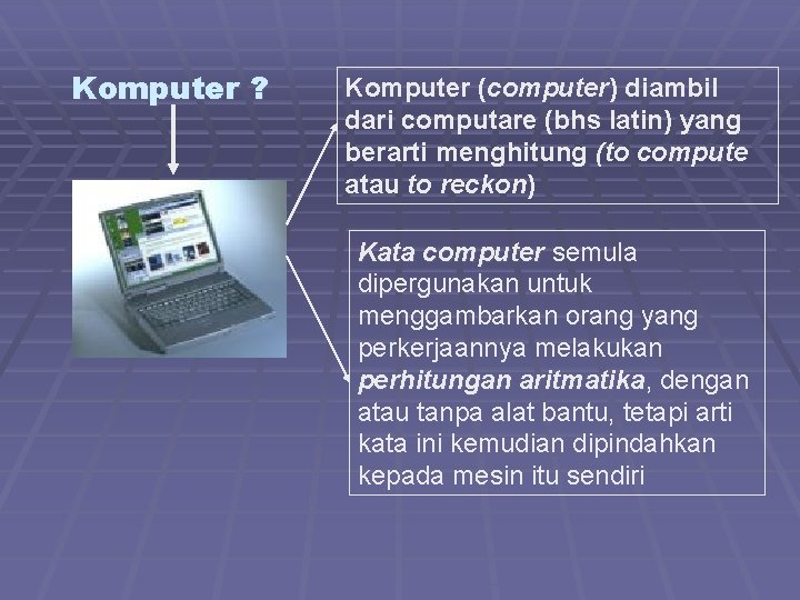 Komputer ? Komputer (computer) diambil dari computare (bhs latin) yang berarti menghitung (to compute