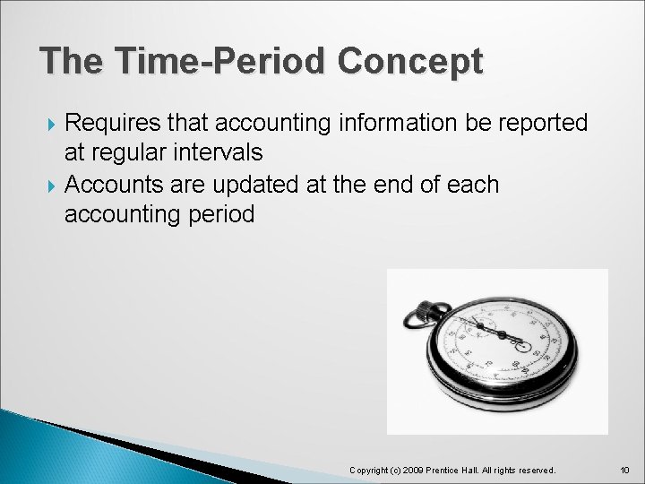 The Time-Period Concept Requires that accounting information be reported at regular intervals Accounts are