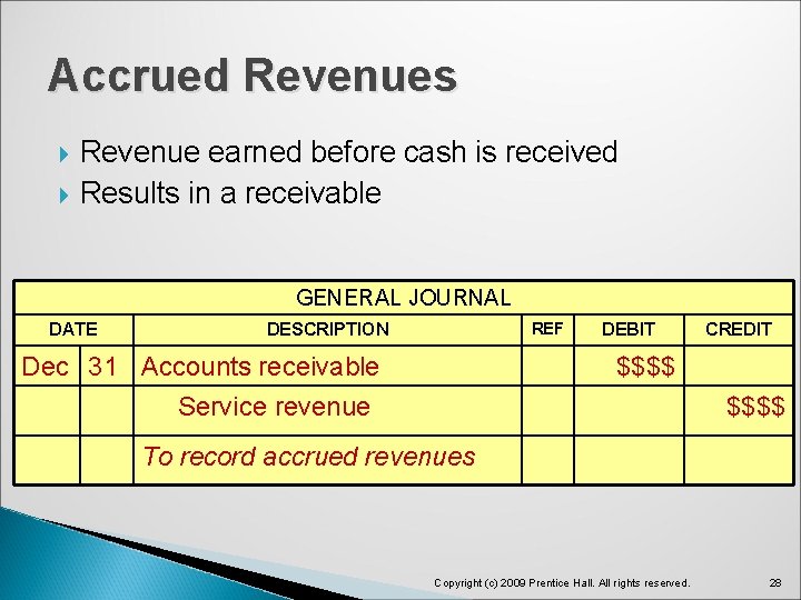 Accrued Revenues Revenue earned before cash is received Results in a receivable GENERAL JOURNAL Accrued Revenues Revenue earned before cash is received Results in a receivable GENERAL JOURNAL