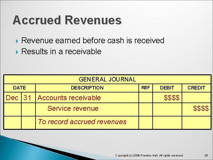 Accrued Revenues Revenue earned before cash is received Results in a receivable GENERAL JOURNAL