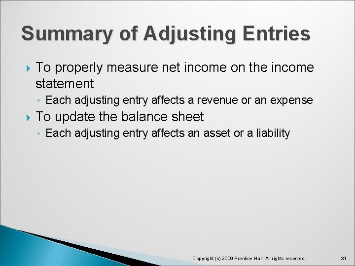 Summary of Adjusting Entries To properly measure net income on the income statement ◦