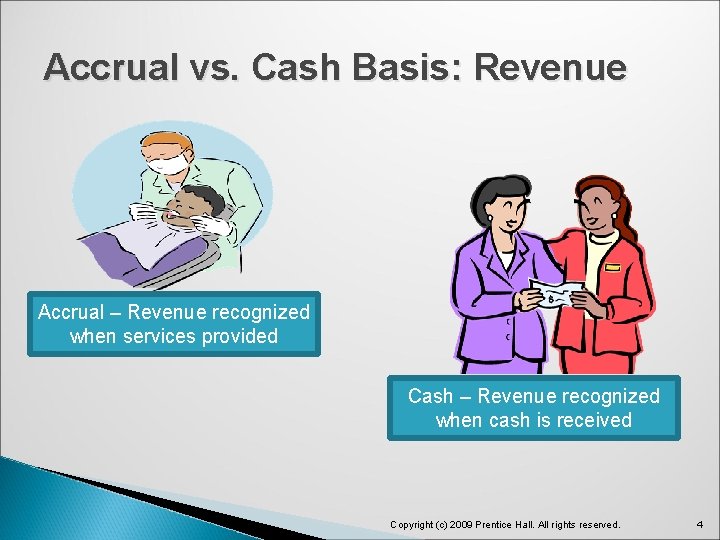 Accrual vs. Cash Basis: Revenue Accrual – Revenue recognized when services provided Cash –