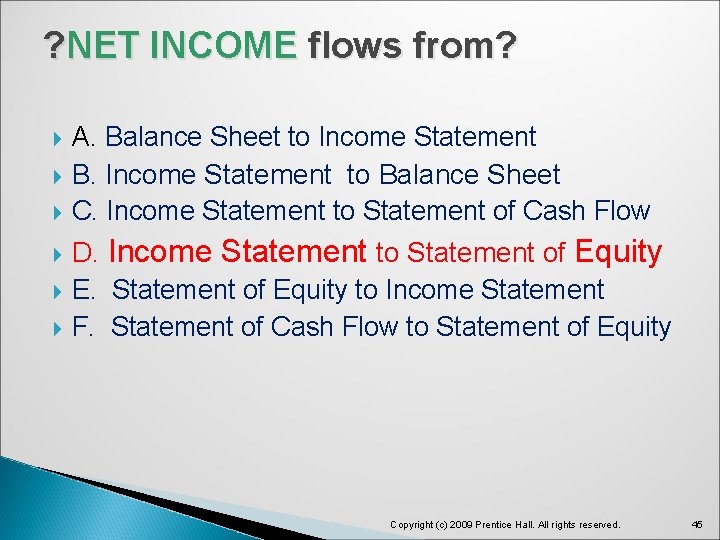 ? NET INCOME flows from? A. Balance Sheet to Income Statement B. Income Statement