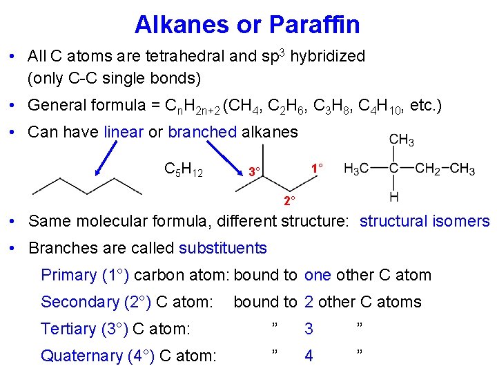 Alkanes or Paraffin • All C atoms are tetrahedral and sp 3 hybridized (only