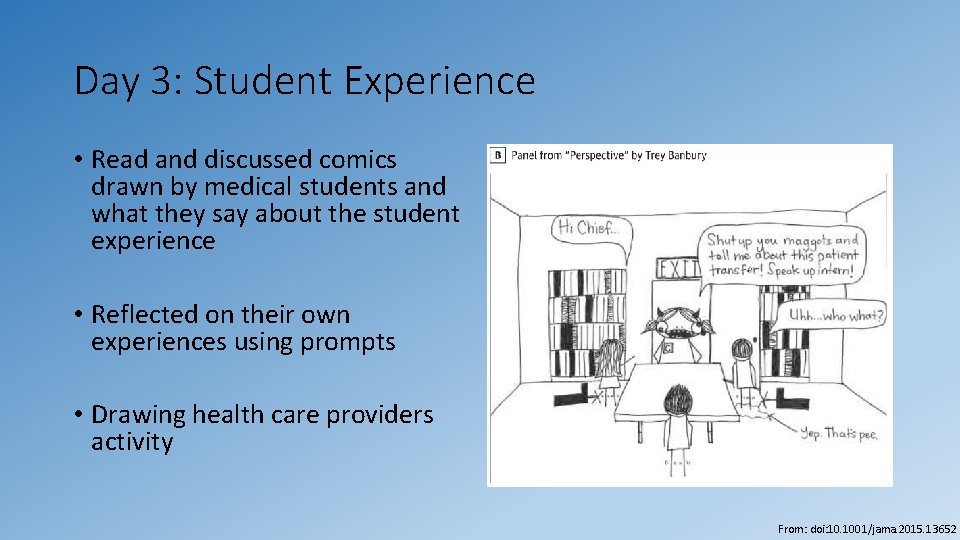 Day 3: Student Experience • Read and discussed comics drawn by medical students and Day 3: Student Experience • Read and discussed comics drawn by medical students and
