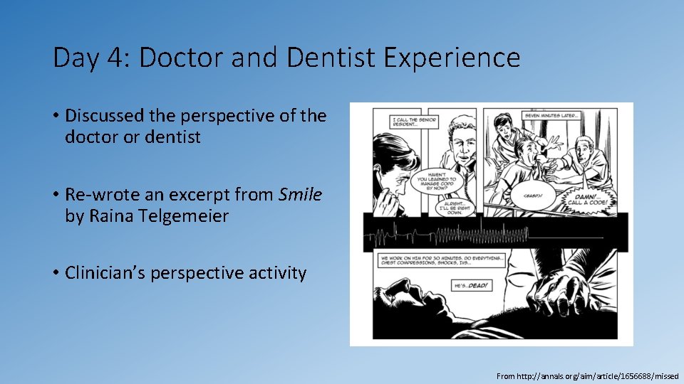 Day 4: Doctor and Dentist Experience • Discussed the perspective of the doctor or Day 4: Doctor and Dentist Experience • Discussed the perspective of the doctor or
