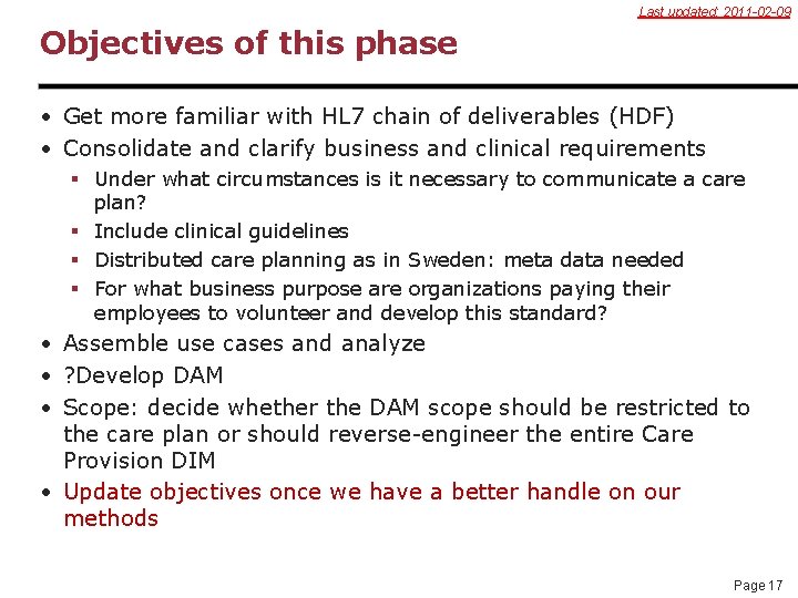 Last updated: 2011 -02 -09 Objectives of this phase • Get more familiar with
