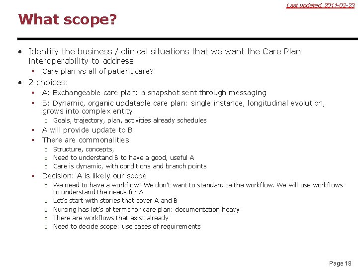 Last updated: 2011 -02 -23 What scope? • Identify the business / clinical situations