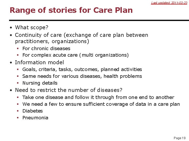 Last updated: 2011 -02 -23 Range of stories for Care Plan • What scope?